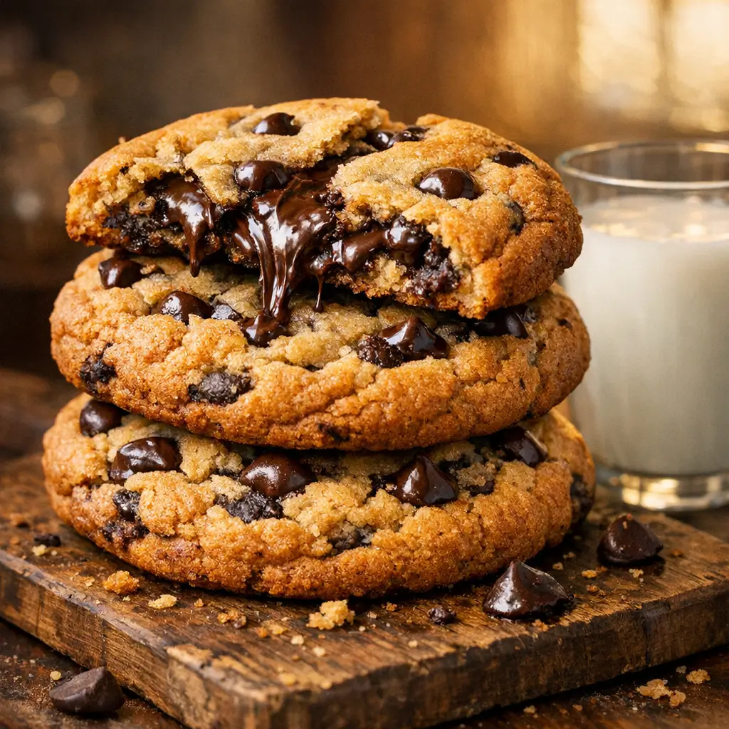 Giant soft chocolate chip cookies copycat Crumbl recipe with gooey center
