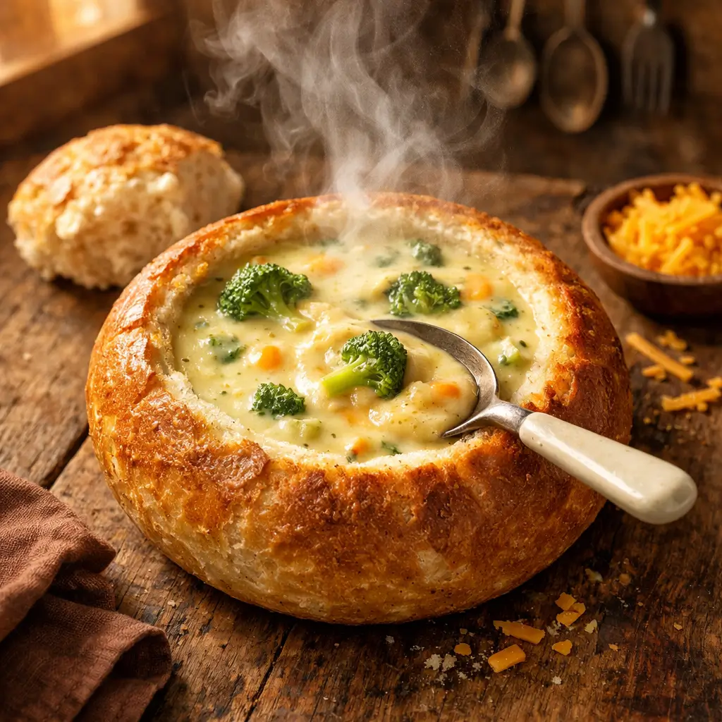 Creamy broccoli cheddar soup in a bread bowl copycat recipe better than Panera
