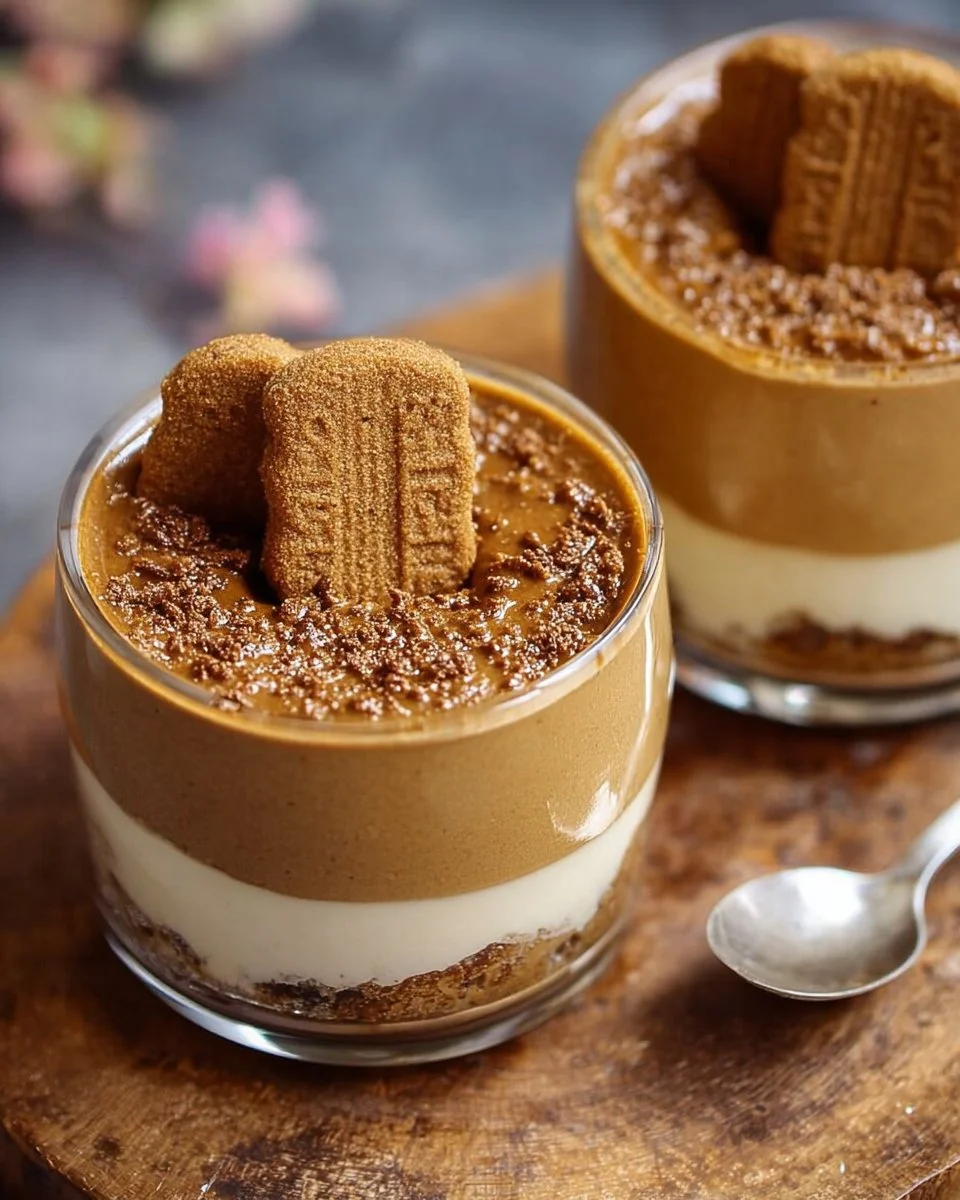 Delicious 2-ingredient Biscoff mousse in a glass topped with cookie crumbs.