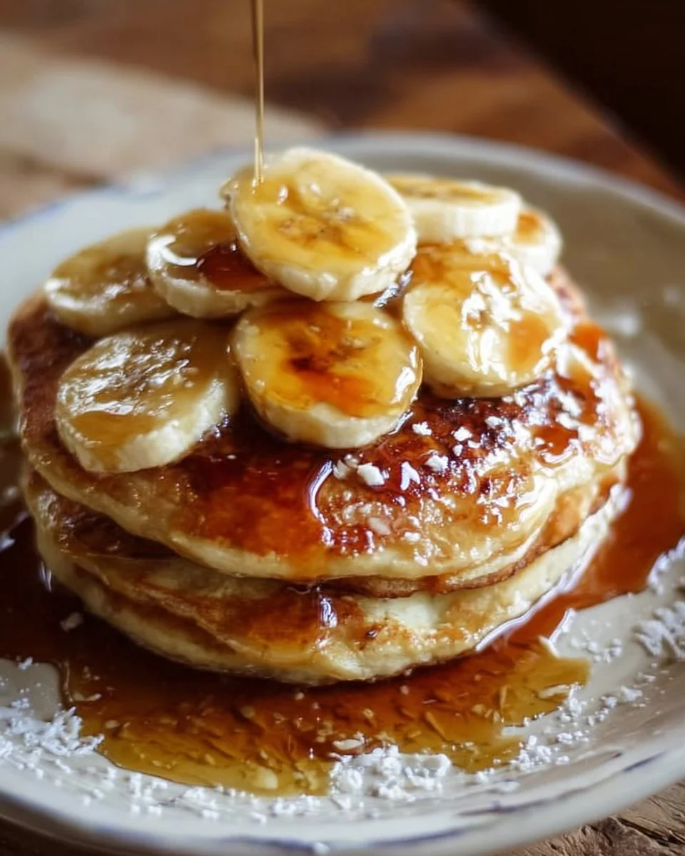 Baked banana foster pancakes served on a plate with syrup and bananas.