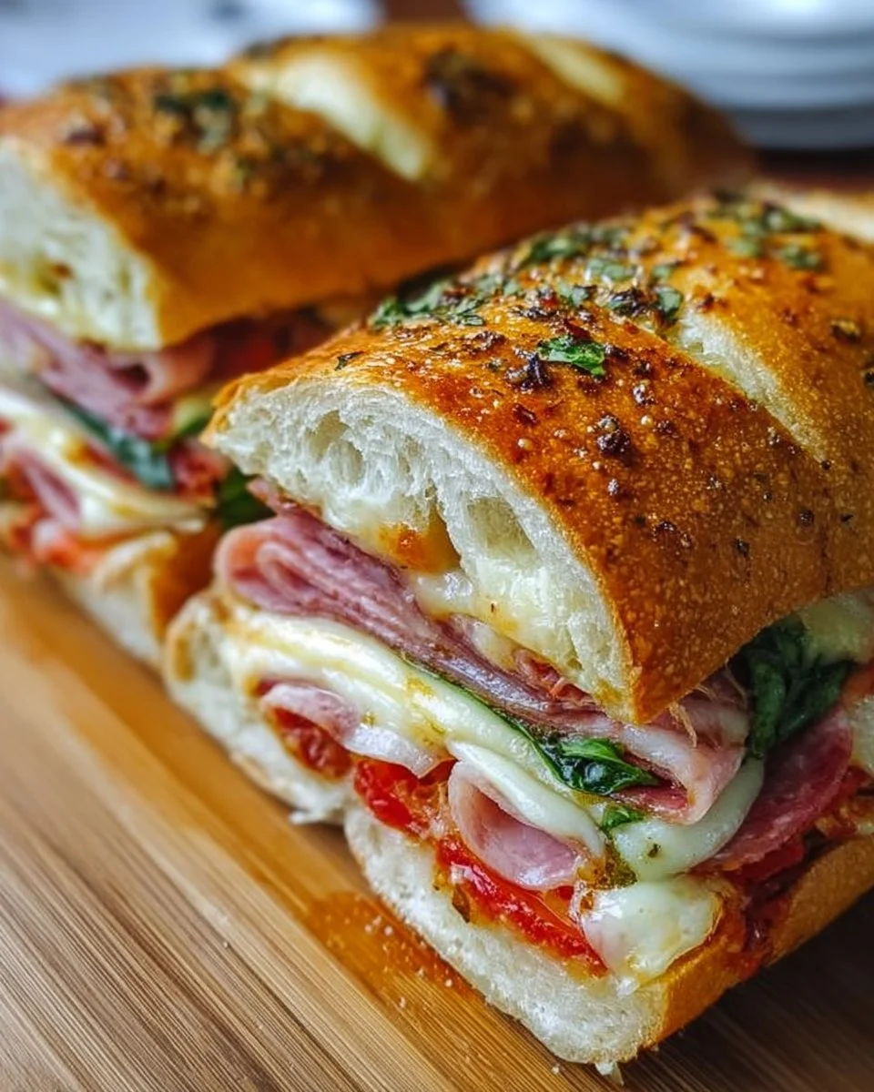 Baked Italian Grinder Sandwiches filled with meats and cheeses on a crusty roll.