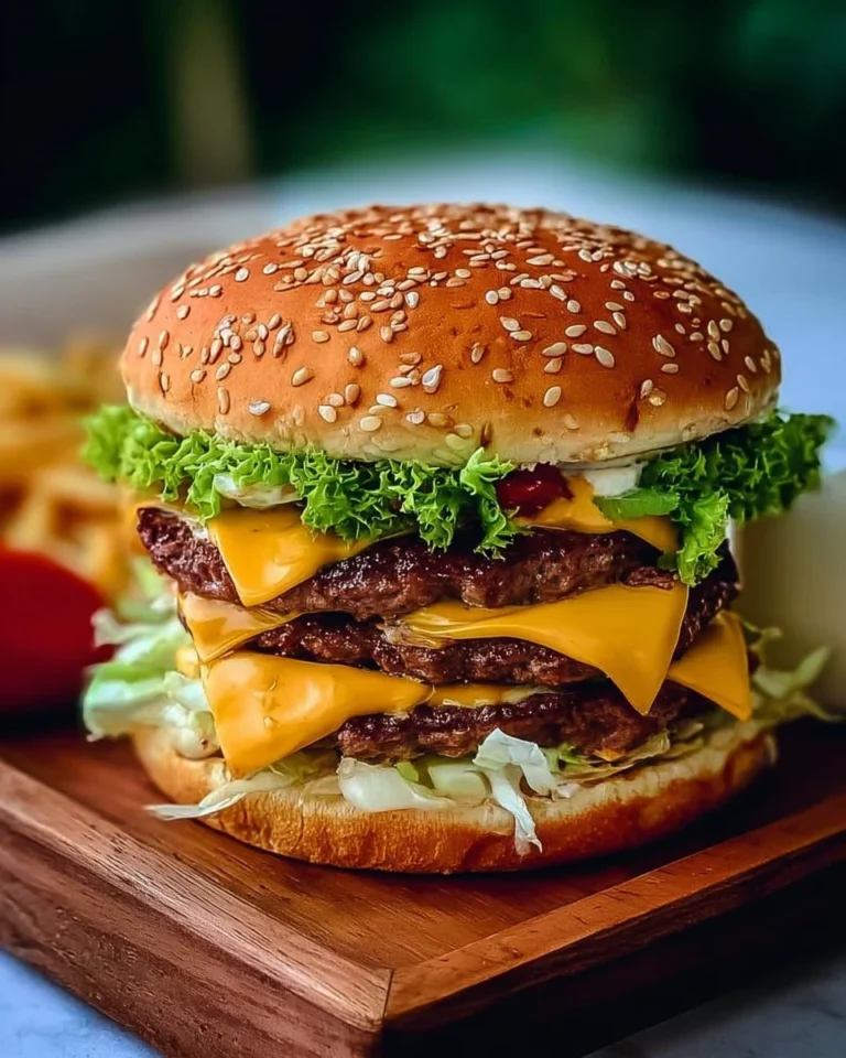 Homemade Big Mac burger with fresh ingredients on a wooden table