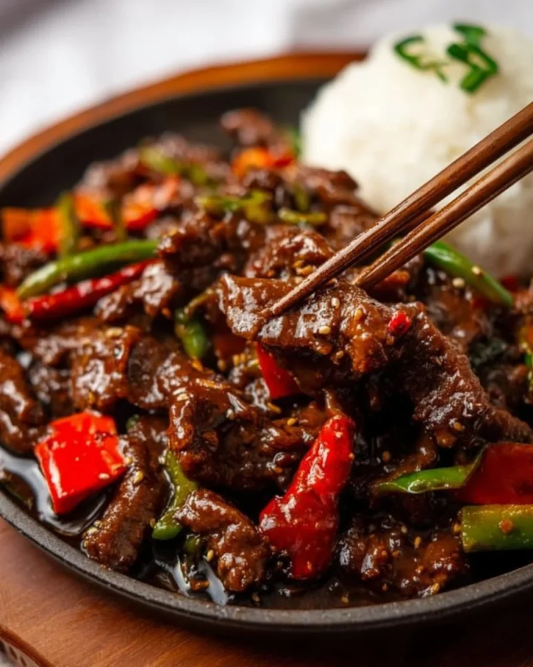 Delicious black pepper beef stir-fry served with vegetables and rice.