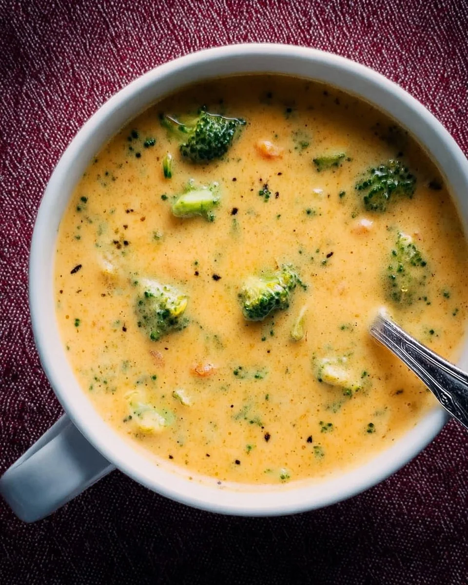 Bowl of creamy broccoli cheddar soup with fresh broccoli and cheddar cheese