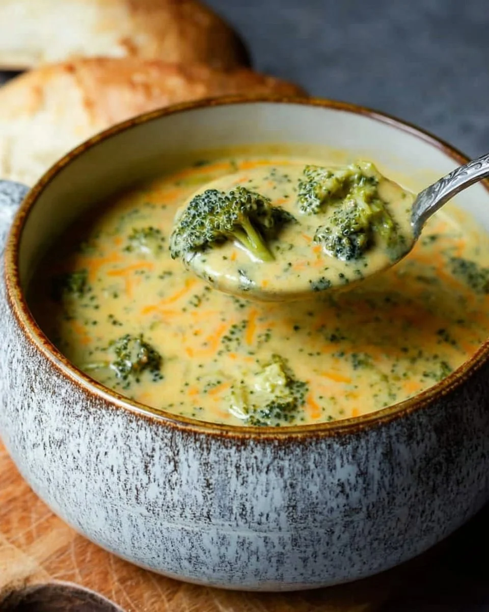 A warm bowl of delicious Broccoli Cheddar Soup topped with fresh herbs.