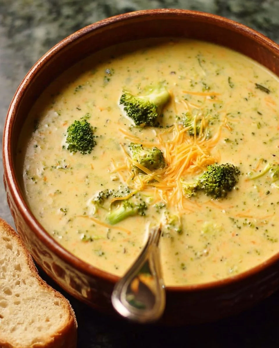 Bowl of creamy Broccoli Cheddar Soup garnished with fresh broccoli and cheese