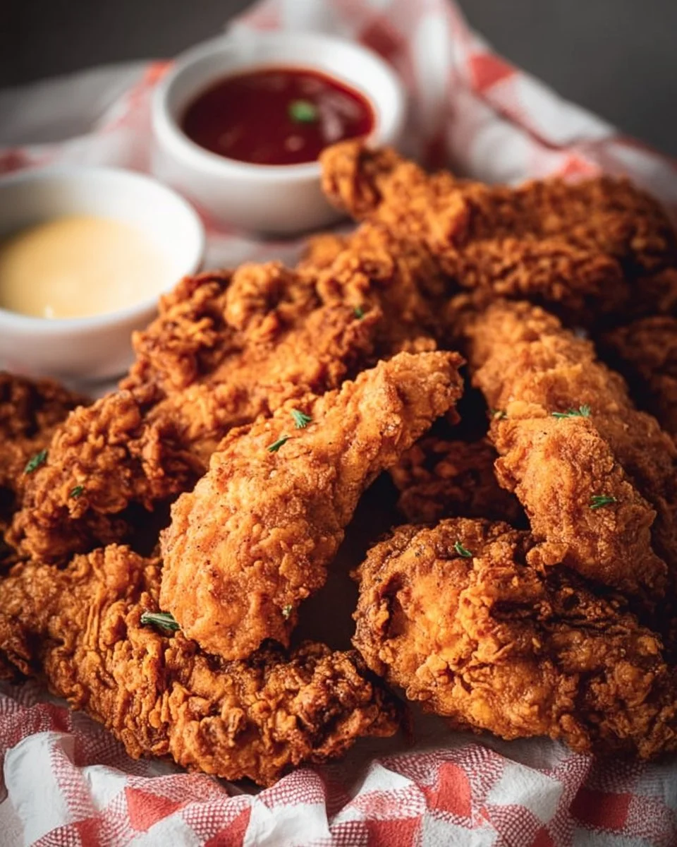 Crispy buttermilk fried chicken tenders served with dipping sauce