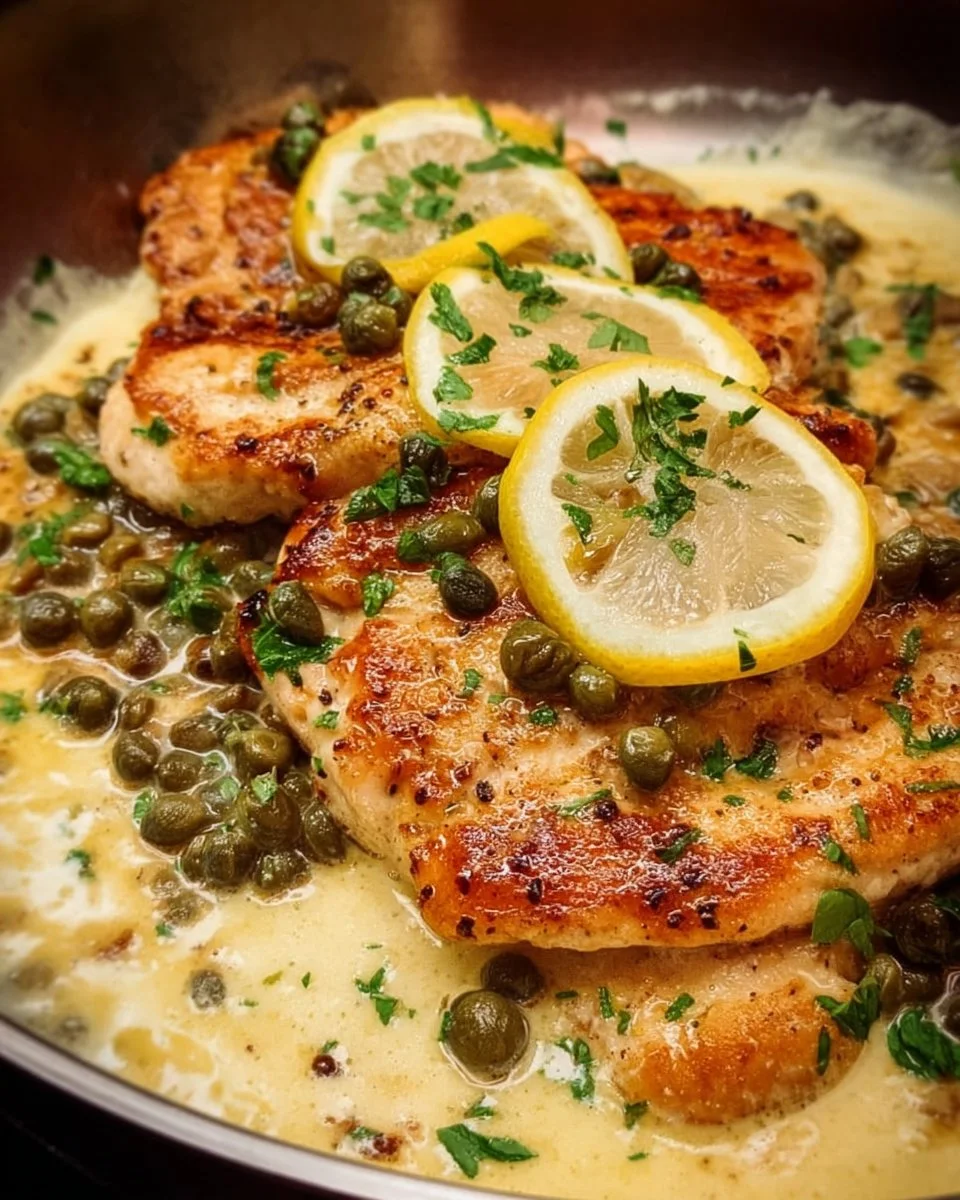 Delicious Chicken Piccata from the Cheesecake Factory served with capers and lemon.