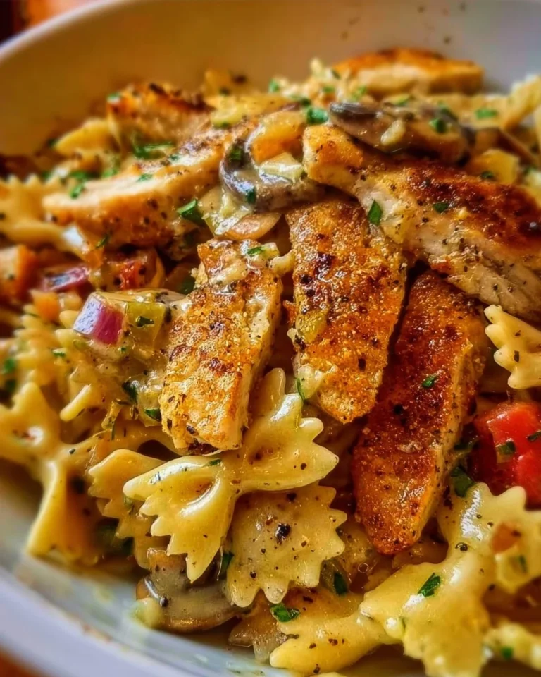 Dish of Cheesecake Factory Louisiana Chicken Pasta garnished with herbs