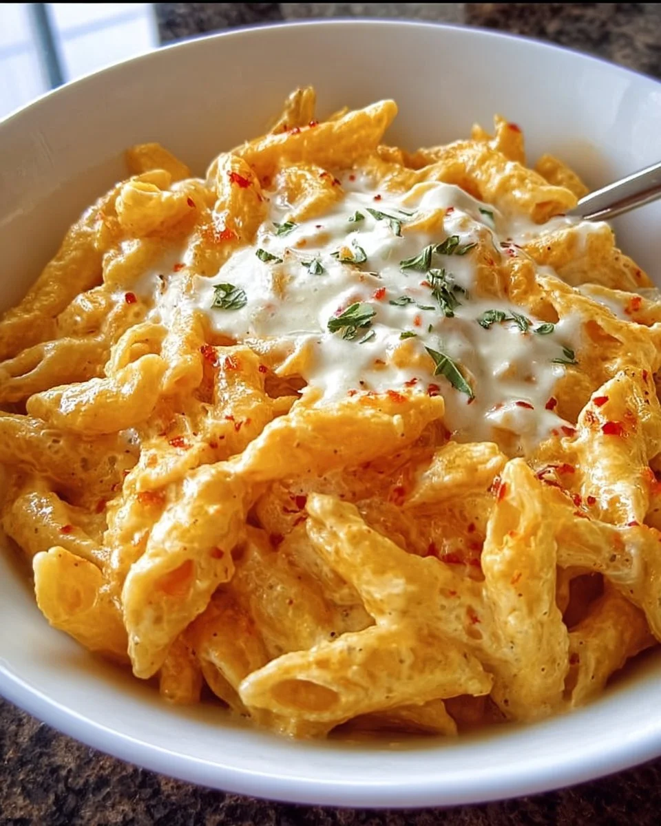 Delicious four cheese pasta from Cheesecake Factory garnished with herbs