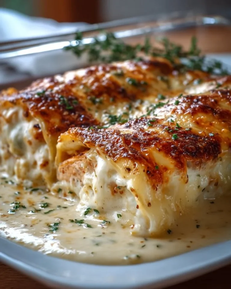 Plate of cheesy Chicken Alfredo Lasagna with creamy sauce and chicken