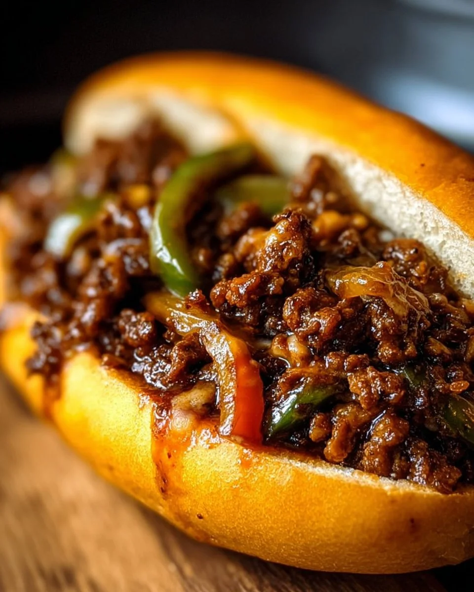 Cheesy Philly Sloppy Joes on a plate garnished with herbs