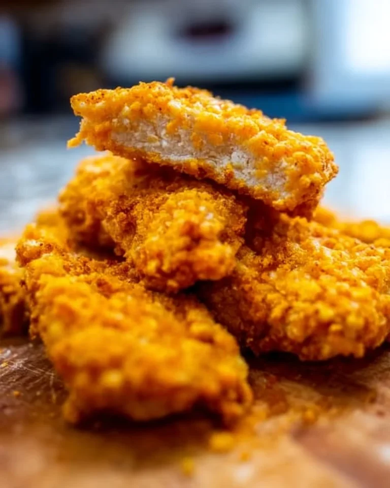 Crispy Cheez-It Chicken tenders on a plate garnished with herbs
