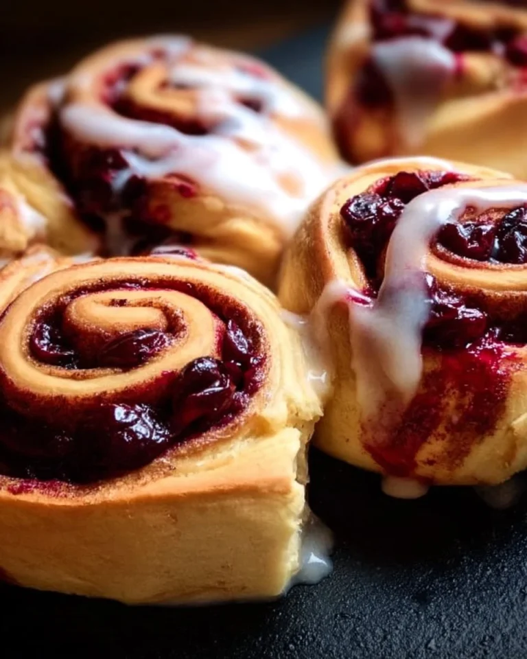 Freshly baked cherry cinnamon rolls with homemade filling on a cooling rack
