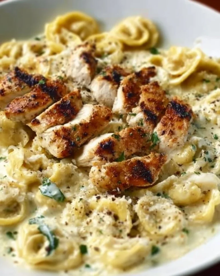 Delicious Chicken Asiago Alfredo Tortelloni served in a creamy sauce