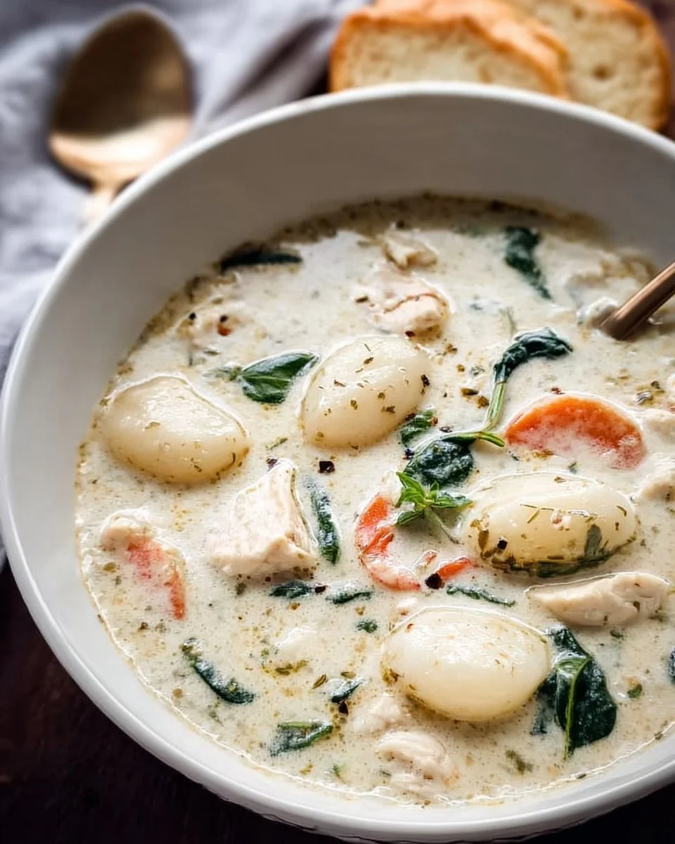Delicious Chicken Gnocchi Soup copycat recipe served in a bowl
