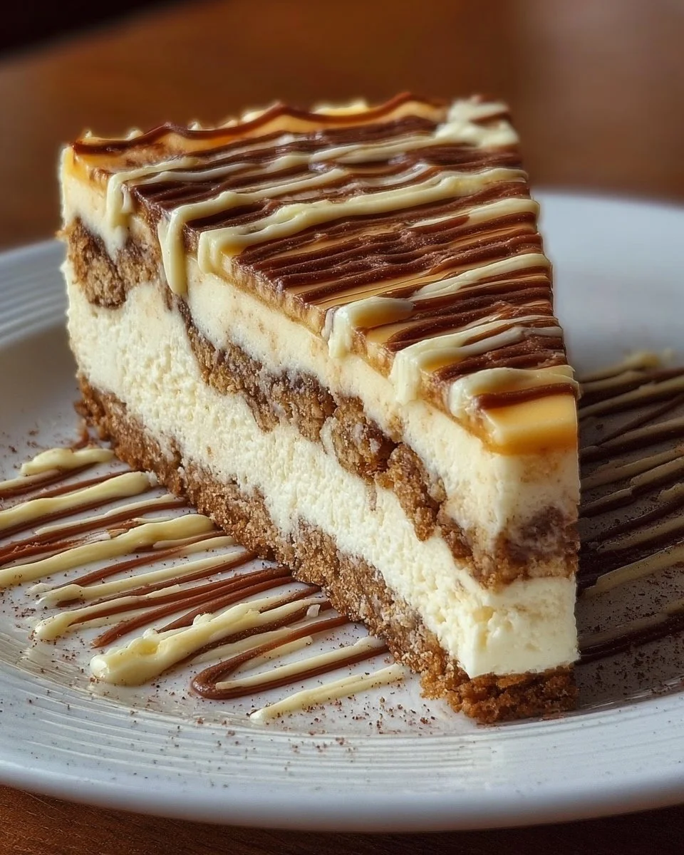 Delicious slice of Cinnabon Cheesecake topped with cinnamon and frosting