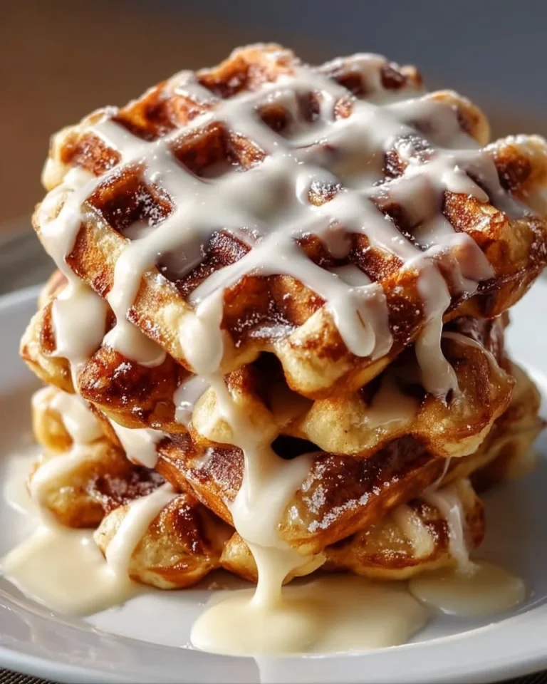 Cinnamon Roll Waffles drizzled with cream cheese icing on a plate.
