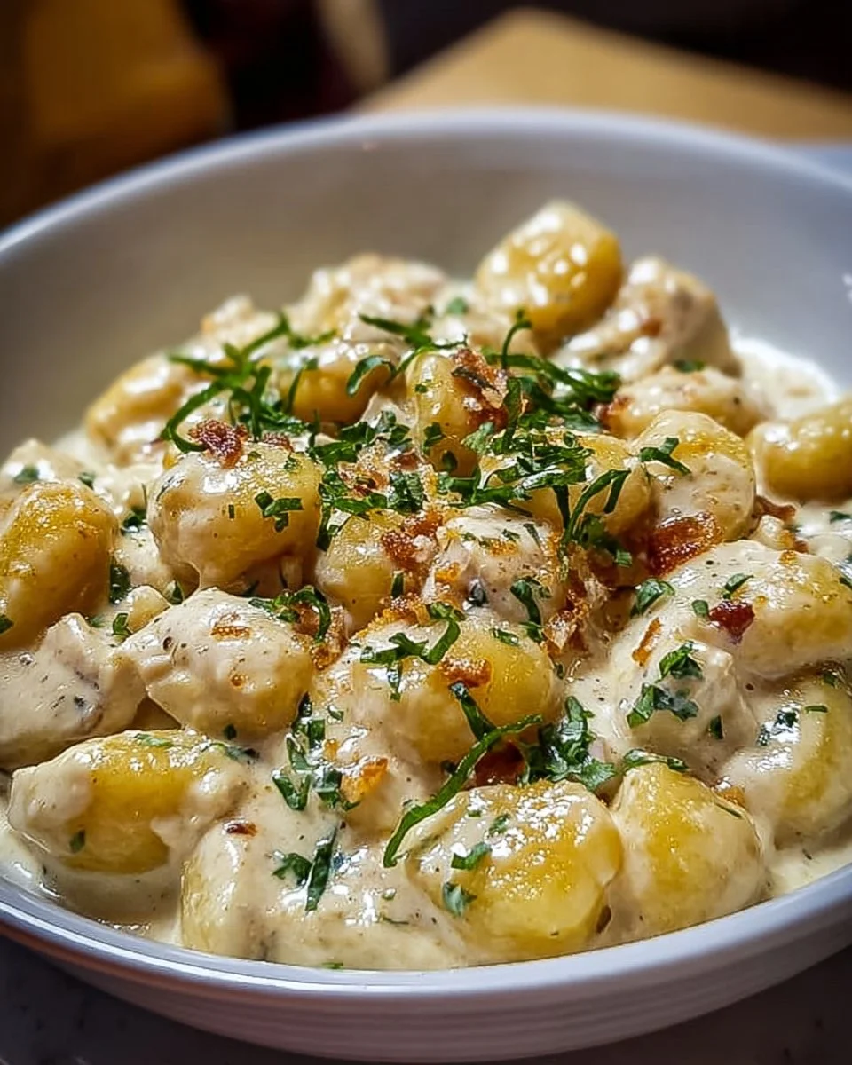 Bowl of Classic Creamy Crack Chicken Gnocchi topped with herbs