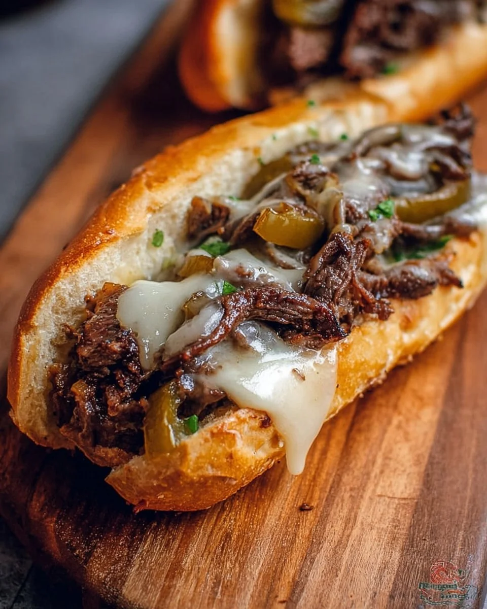 Classic Philly Cheesesteak Sandwich with melted cheese and steak on a fresh roll
