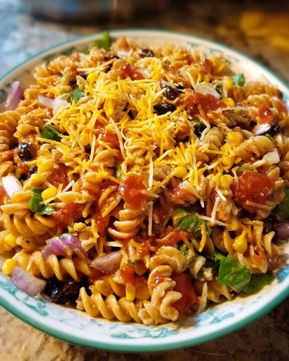 Cold Taco Pasta Salad with Catalina Dressing in a bowl.