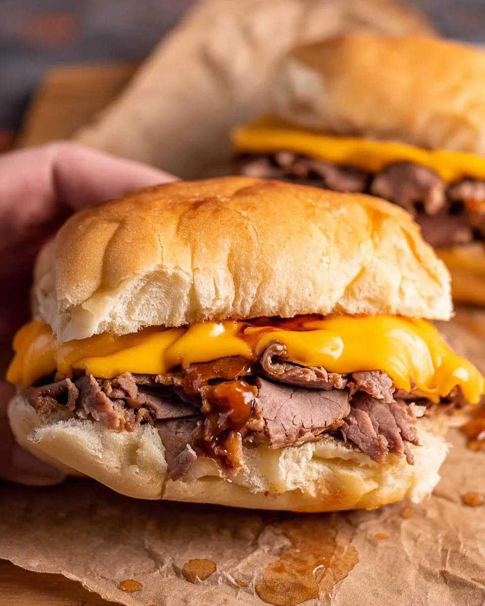 Copycat Arby's Beef and Cheddar Sandwiches with melted cheese and beef