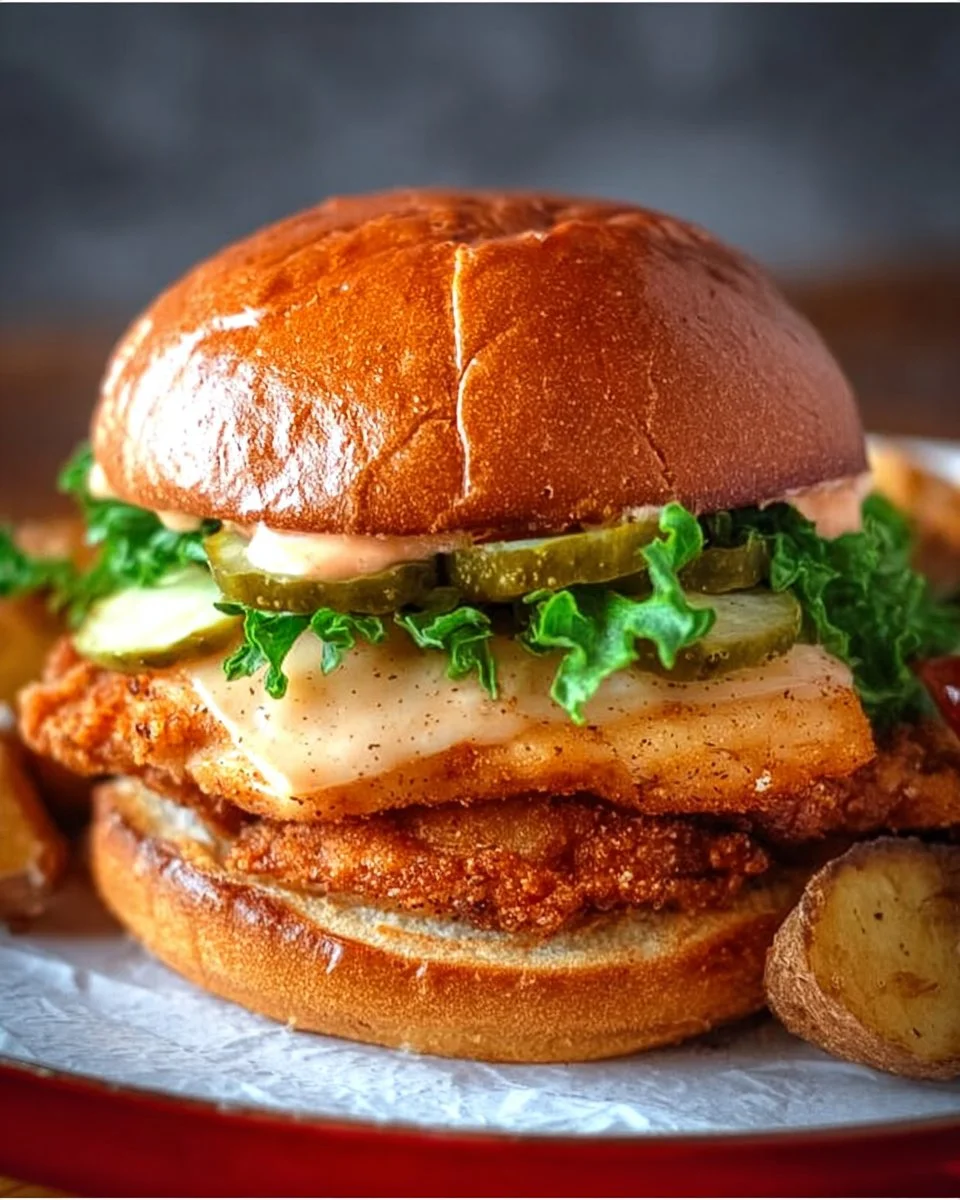 Delicious Big Mary Chicken Sandwich with crispy taters on a wooden table