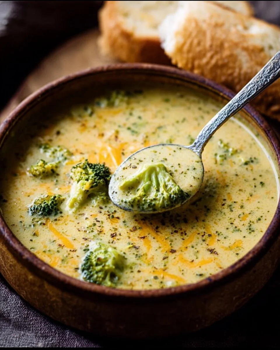 Bowl of copycat broccoli cheddar soup with fresh broccoli and cheese