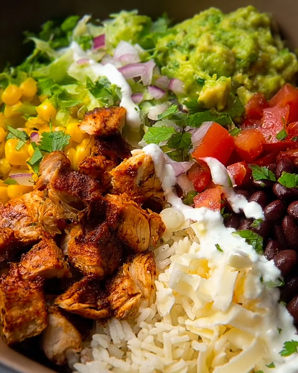 Homemade Chipotle Burrito Bowl filled with rice, beans, and fresh toppings.
