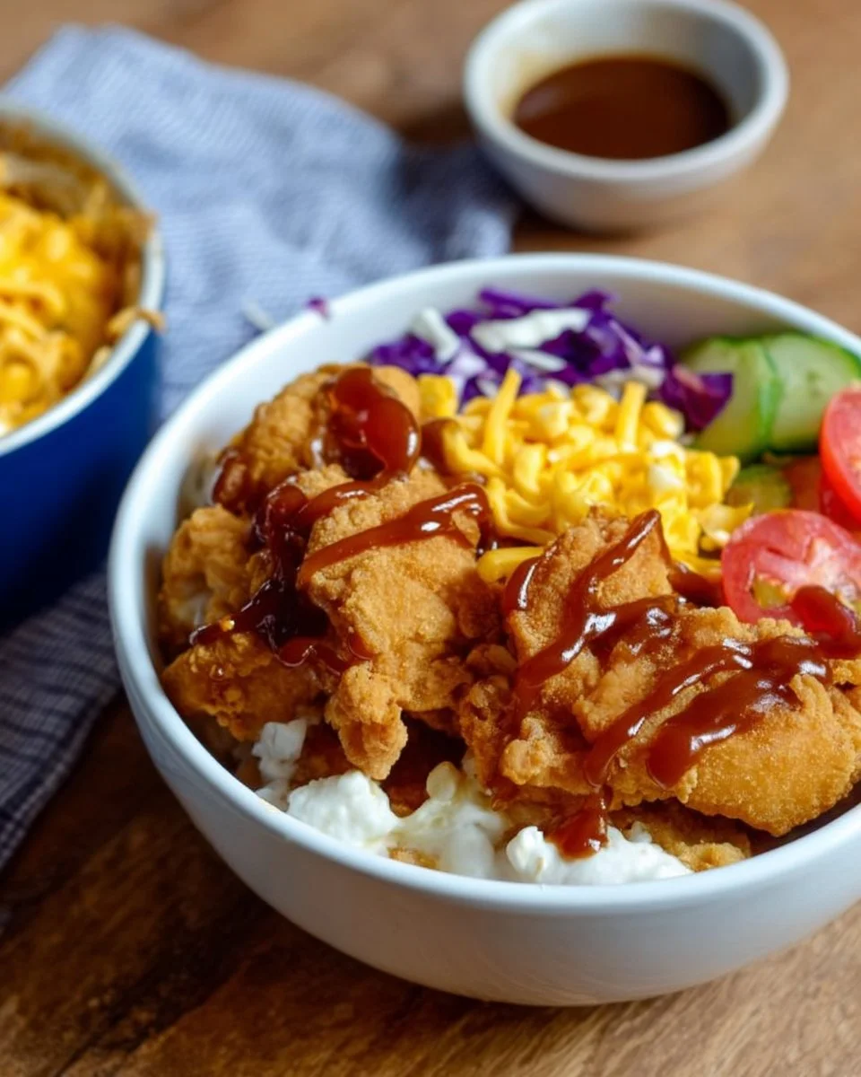 Copycat KFC Famous Bowls with chicken and mashed potatoes