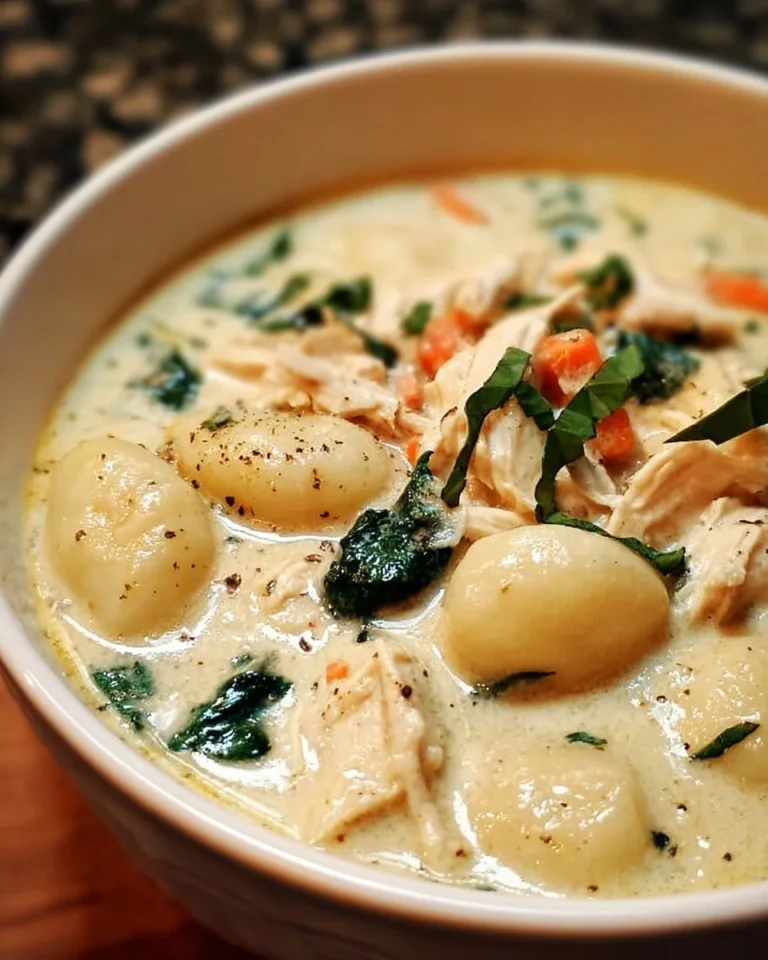Bowl of creamy chicken gnocchi soup inspired by Olive Garden recipe