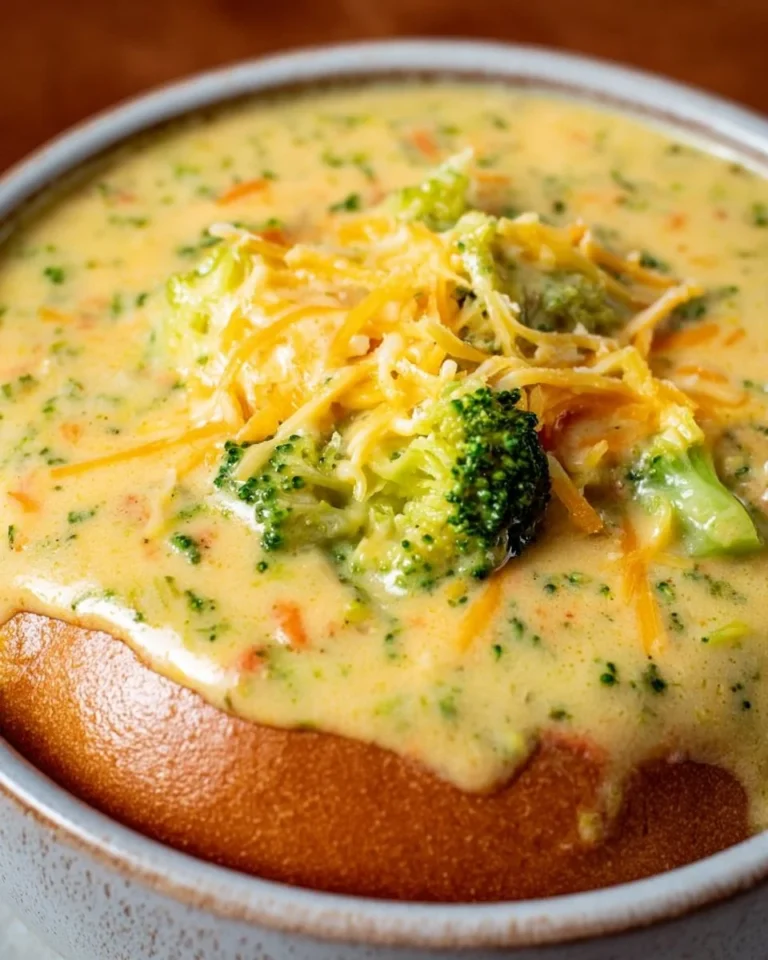 Bowl of homemade broccoli cheddar soup styled like Panera Bread's recipe