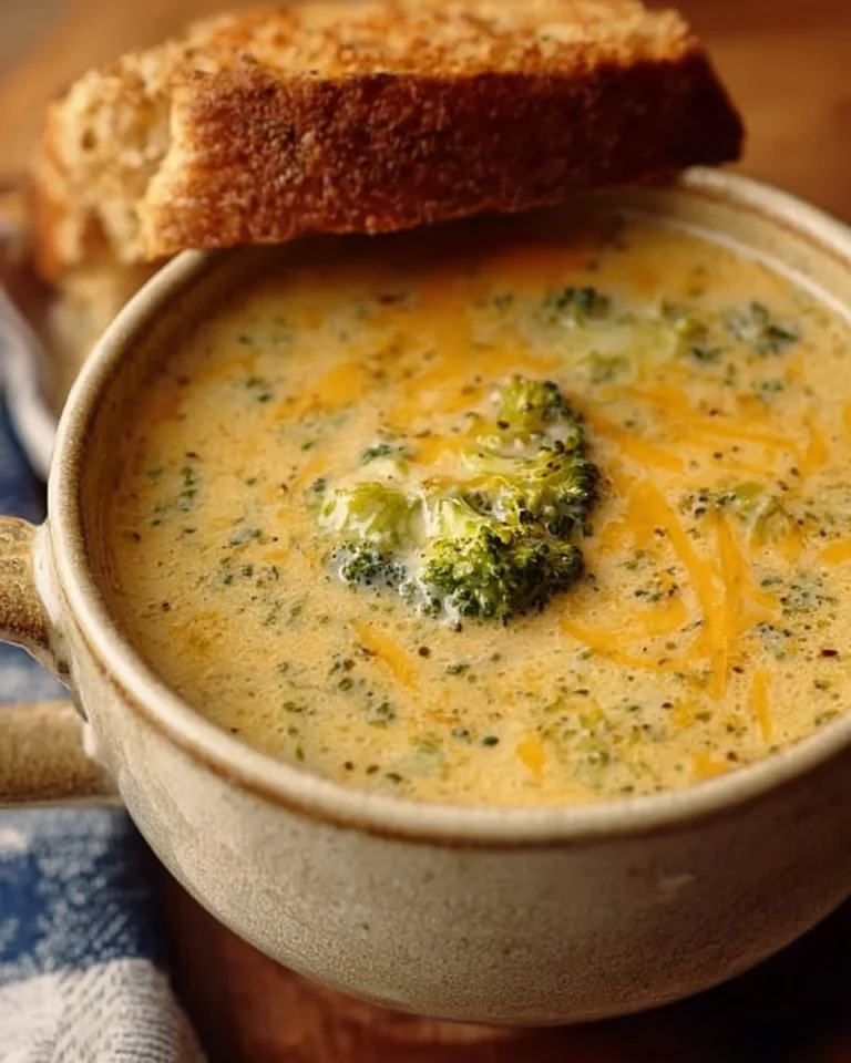 Bowl of creamy Copycat Panera Broccoli Cheddar Soup garnished with fresh herbs