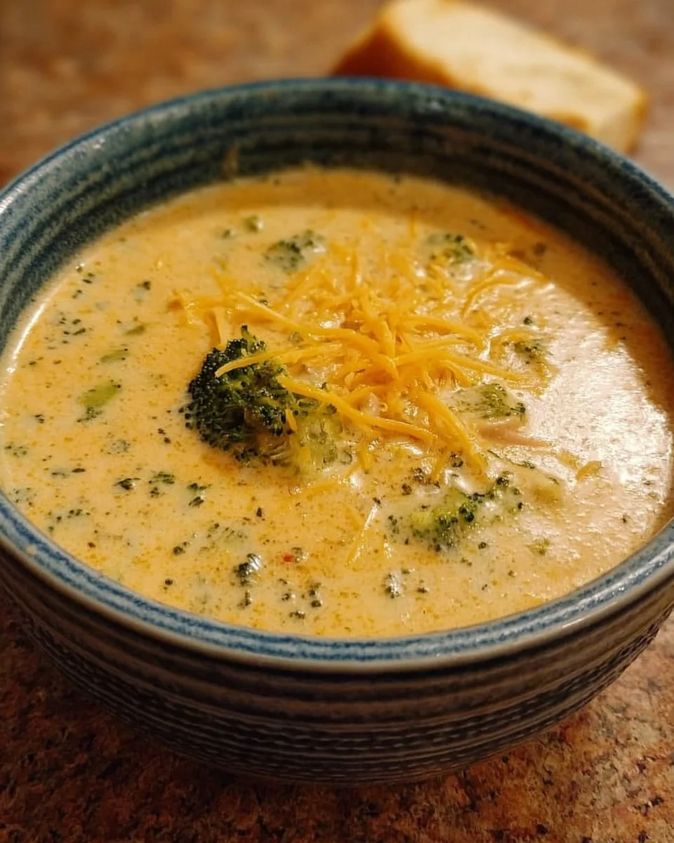 Bowl of creamy copycat Panera broccoli cheddar soup with fresh herbs