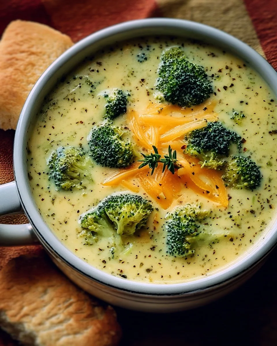 Bowl of creamy broccoli cheese soup inspired by Panera's recipe