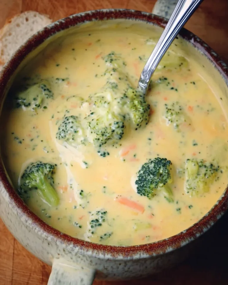 Bowl of creamy Copycat Panera Broccoli Cheese Soup garnished with cheese and broccoli