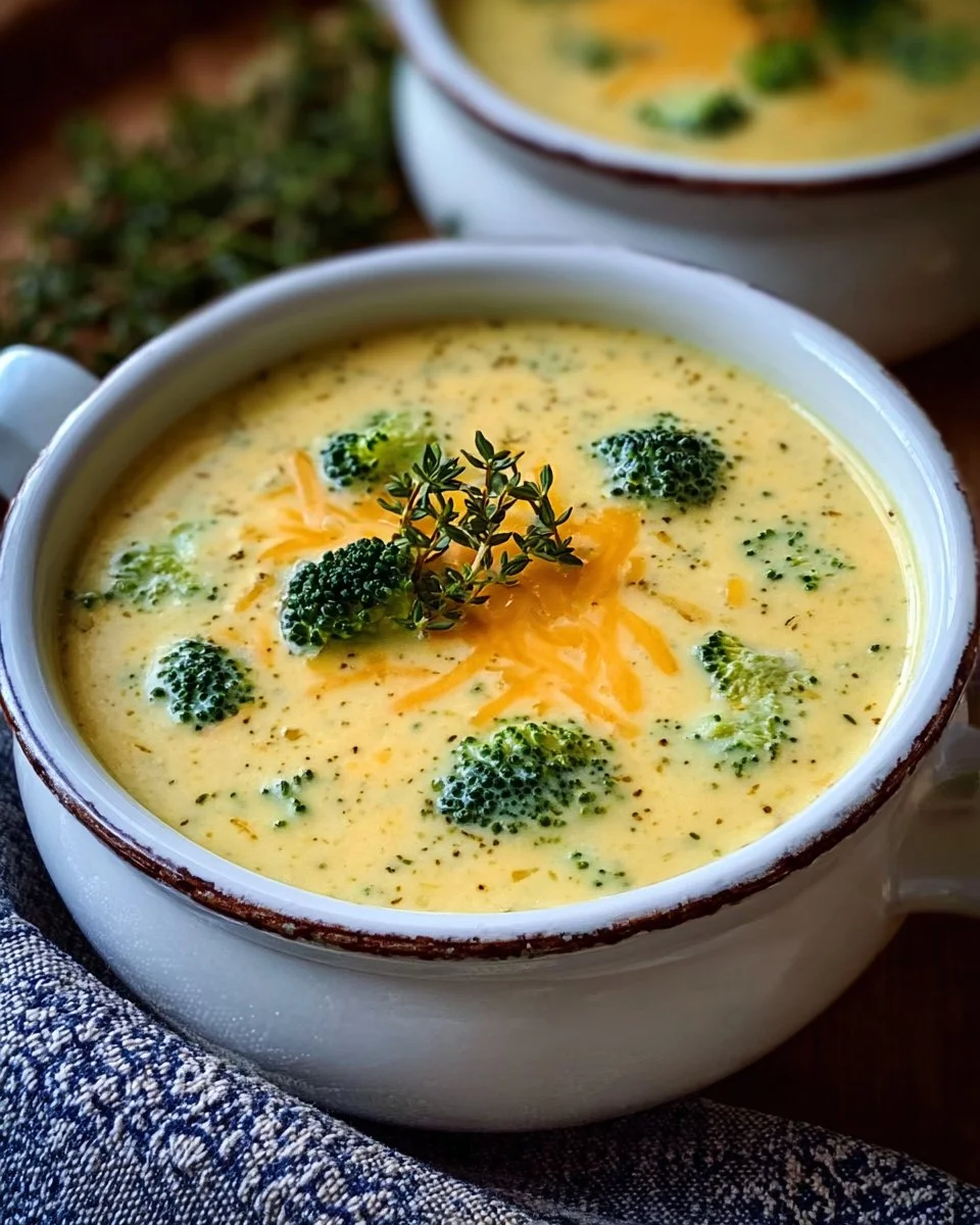 Bowl of homemade Copycat Panera Broccoli Cheese Soup garnished with cheese and broccoli