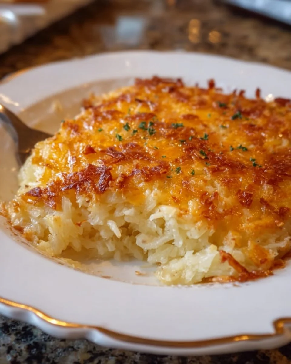 Delicious Cracker Barrel Hashbrown Casserole ready to serve, creamy and cheesy.
