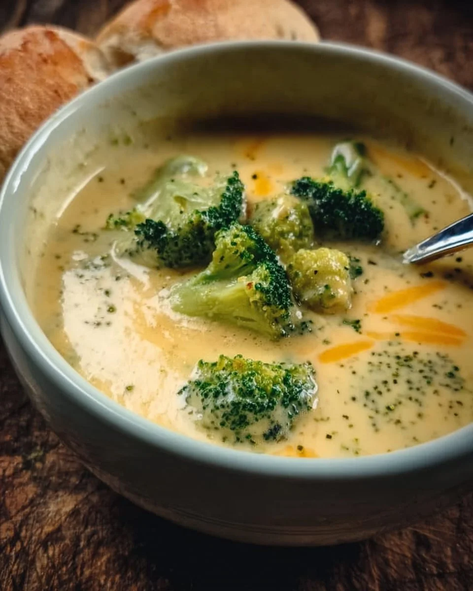Bowl of creamy broccoli cheddar soup with cheese and broccoli garnish