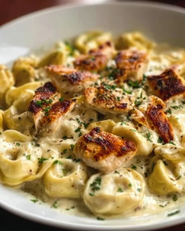 Creamy Chicken Alfredo Tortelloni topped with parsley and parmesan cheese