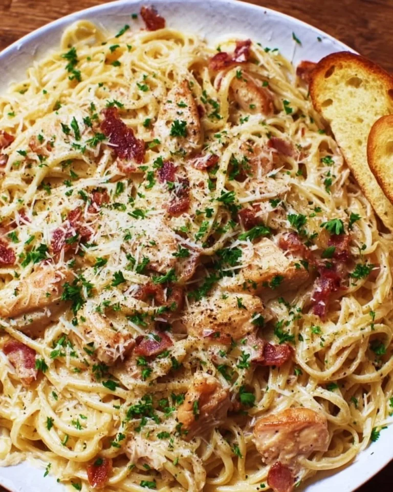 Creamy Chicken Carbonara pasta served with parmesan cheese and fresh herbs