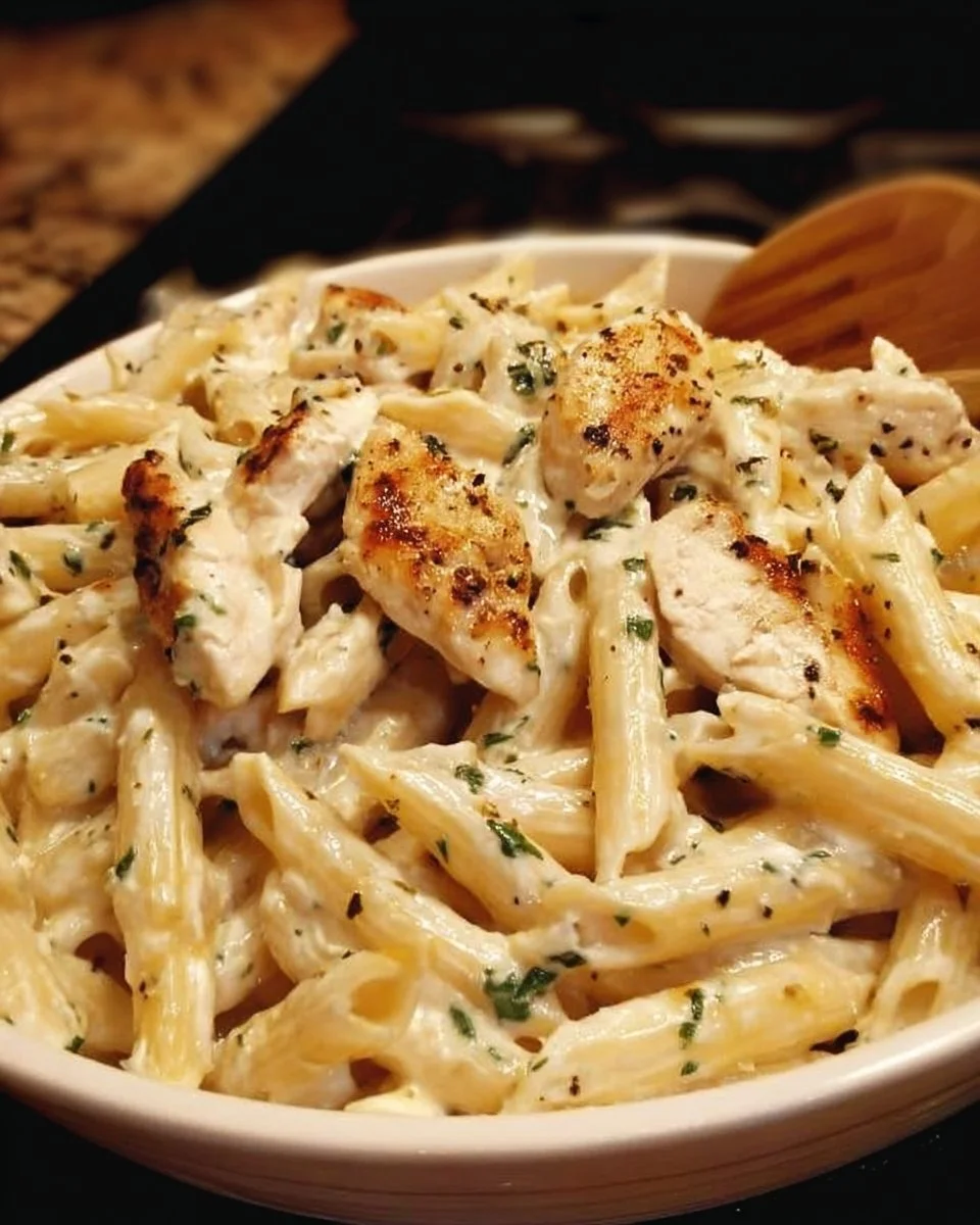 Creamy Olive Garden chicken pasta served in a bowl with fresh herbs