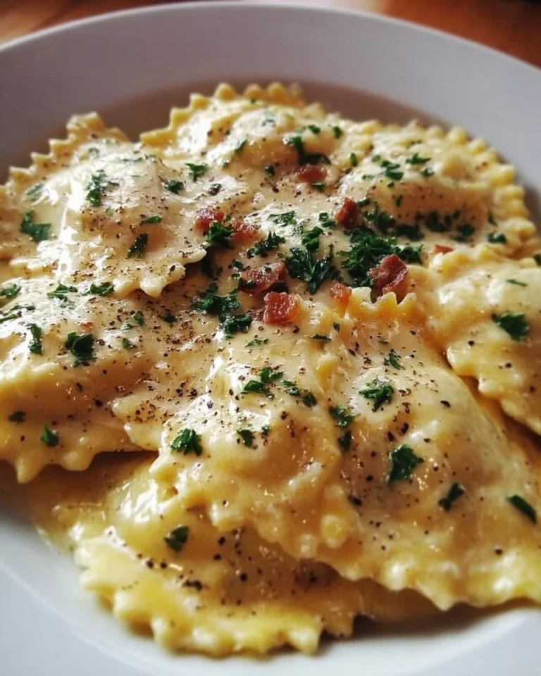 Creamy Olive Garden Ravioli Carbonara dish garnished with herbs