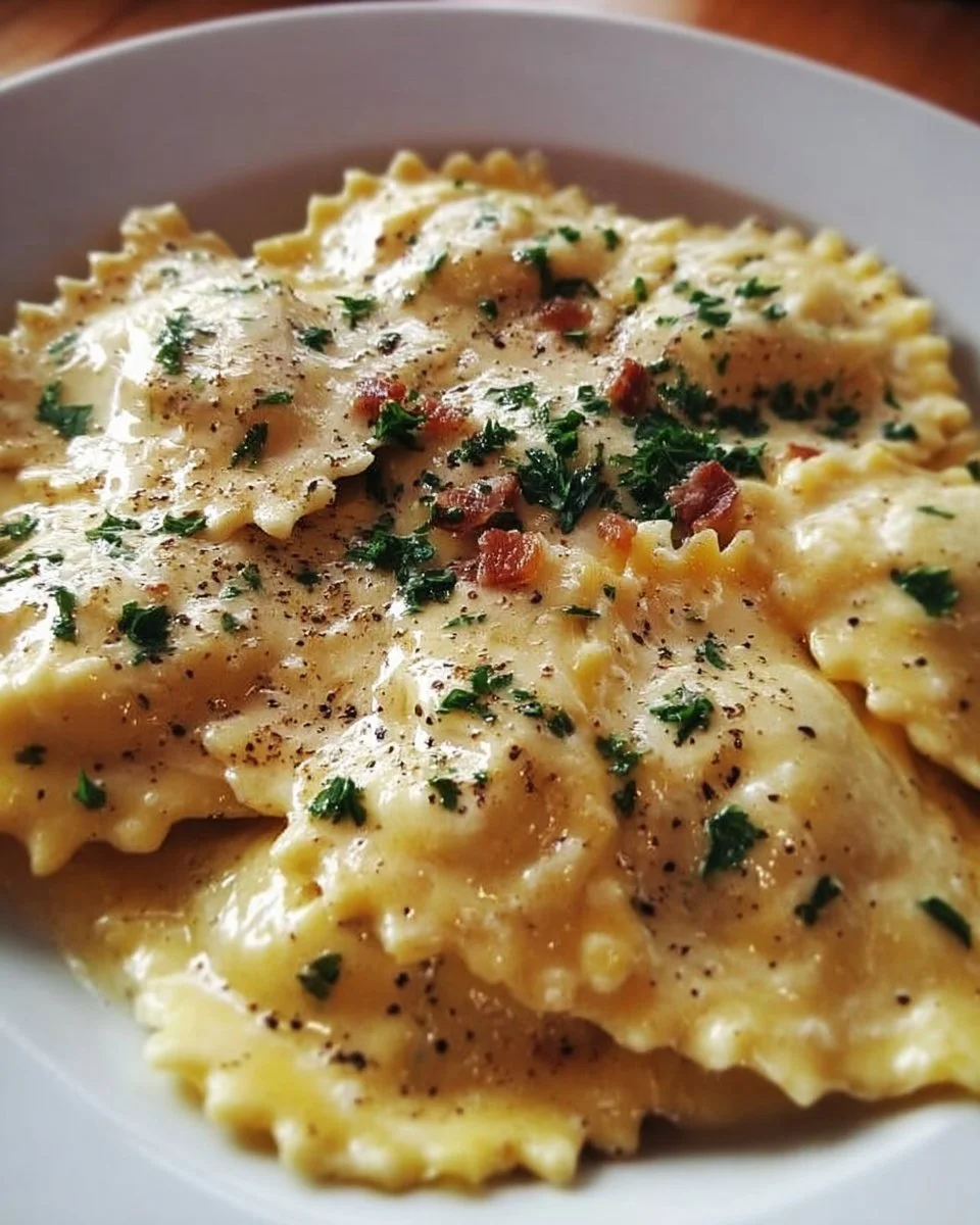 Creamy Olive Garden Ravioli Carbonara dish garnished with herbs