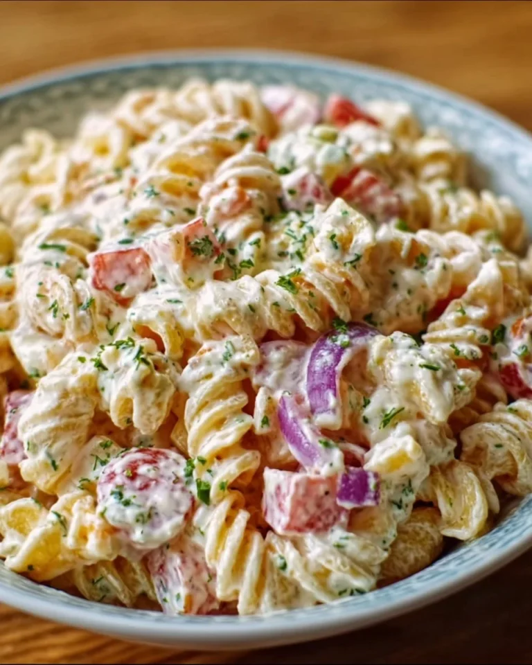 Creamy Pink Cadillac Pasta Salad garnished with fresh herbs in a bowl