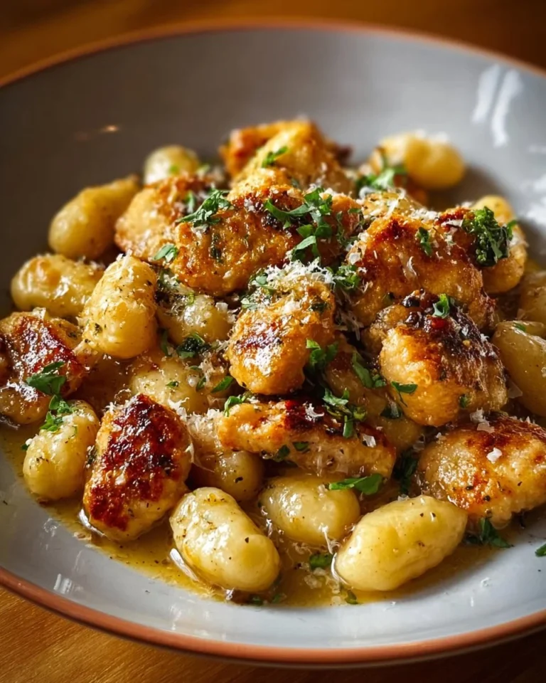 Crispy chicken served with tender gnocchi on a plate