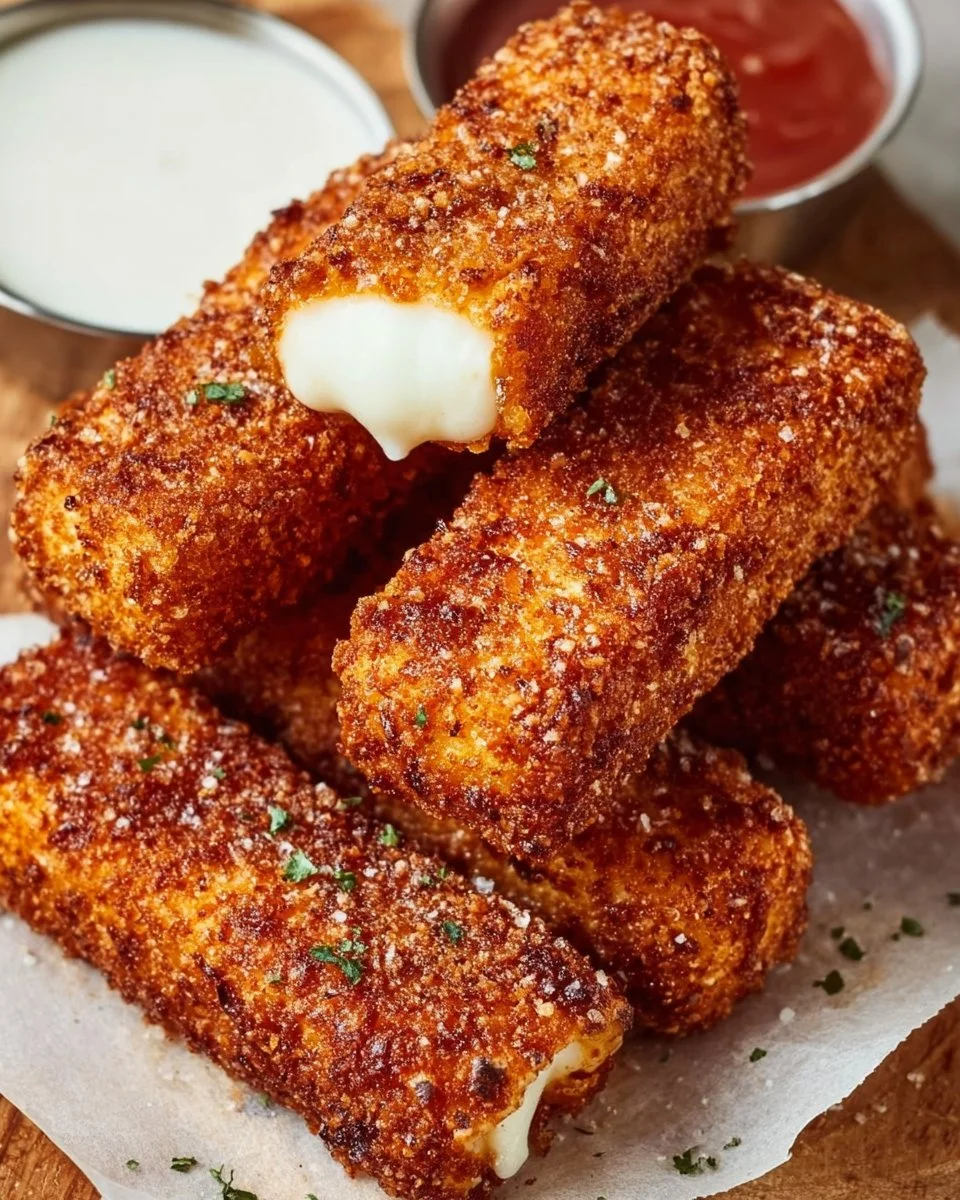 Crispy Nashville Hot Mozzarella Sticks served with dipping sauce