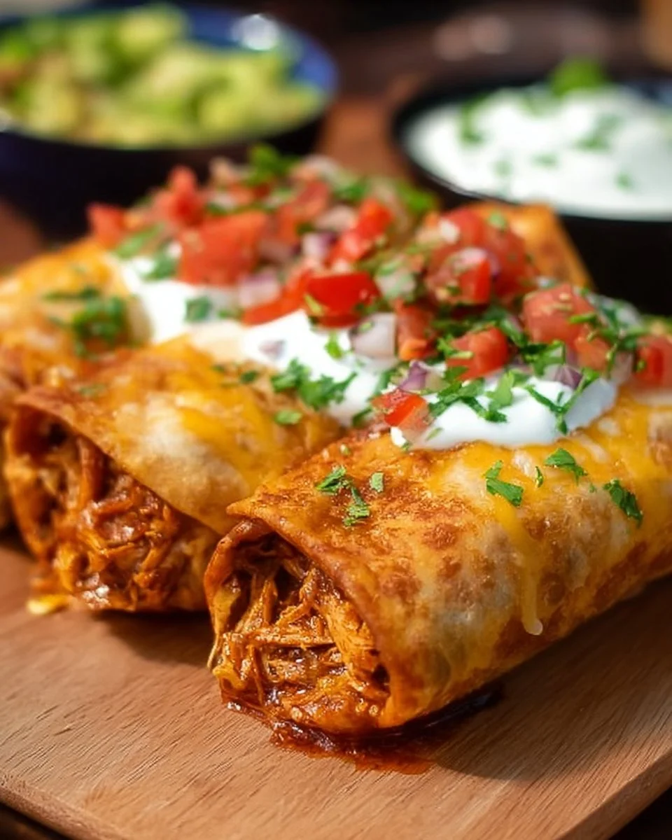 Delicious crispy spicy chicken chimichangas served with colorful toppings.