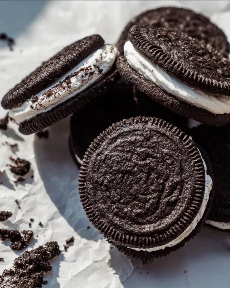 Crumbl Oreo Sandwich Cookies with creamy filling and delicious chocolate wafers.