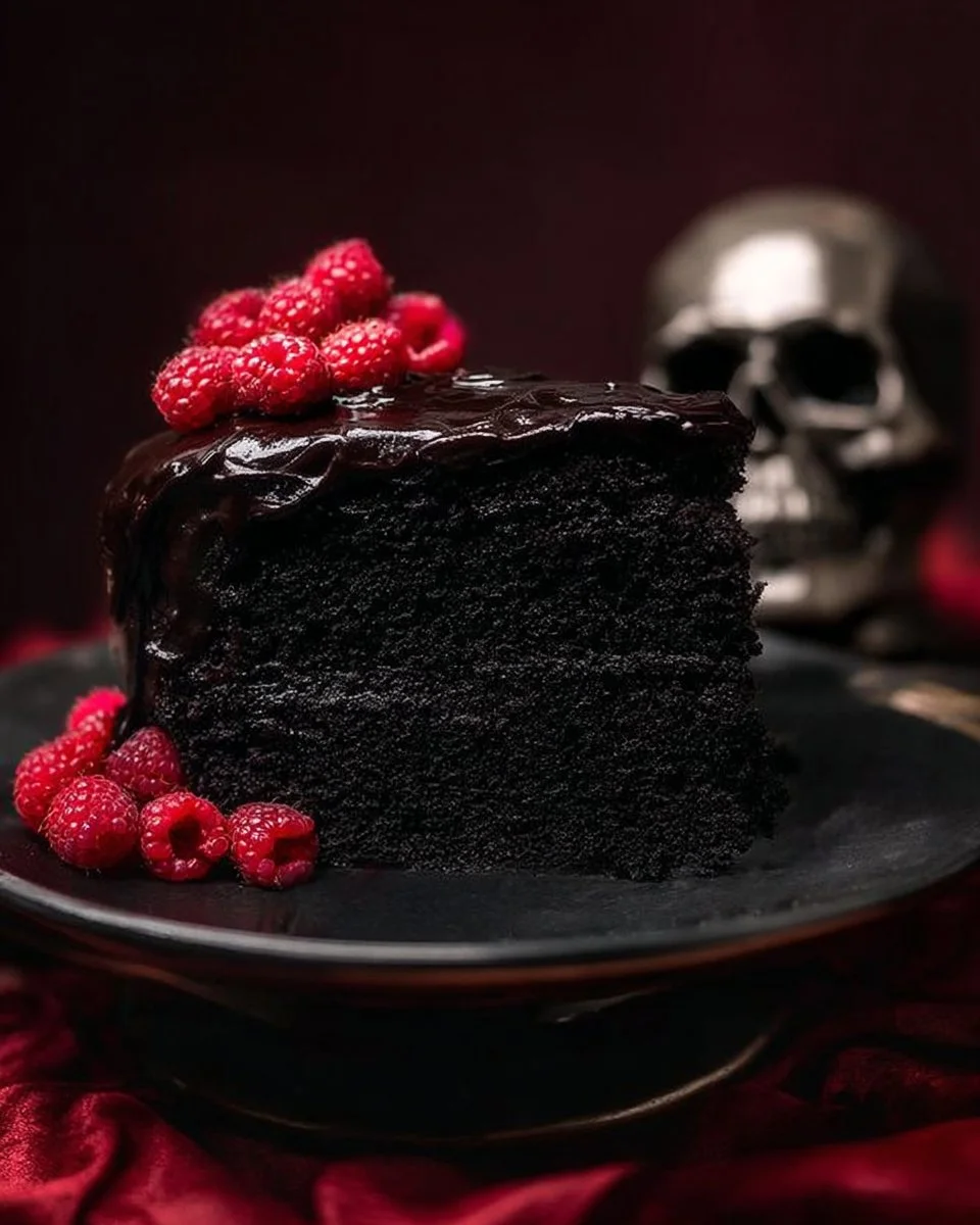 Decadent black velvet cake topped with creamy frosting on a white plate